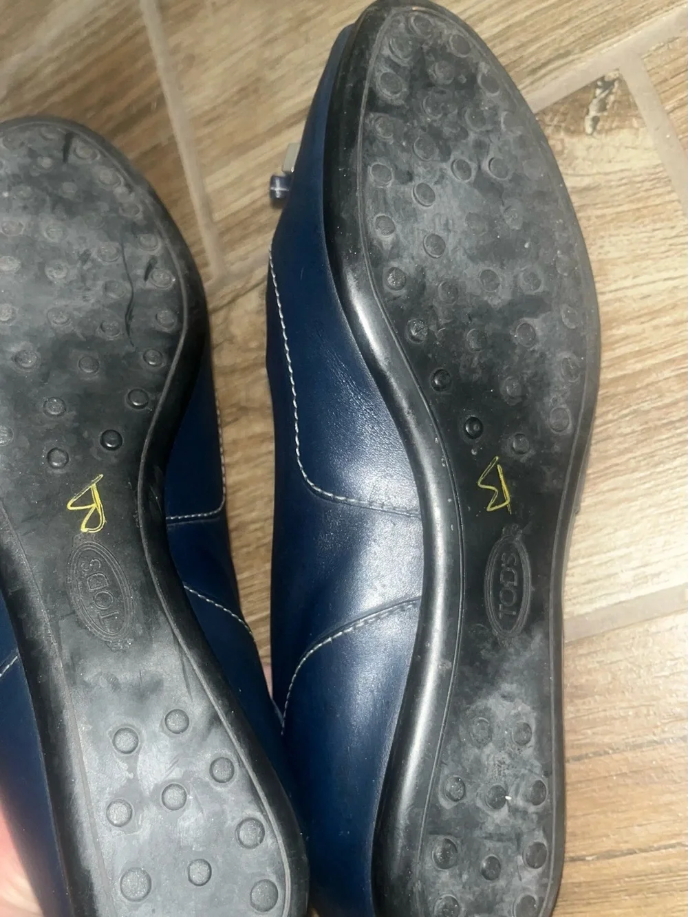 TOD'S Navy Leather Peep-Toe Flats with Bow Accent